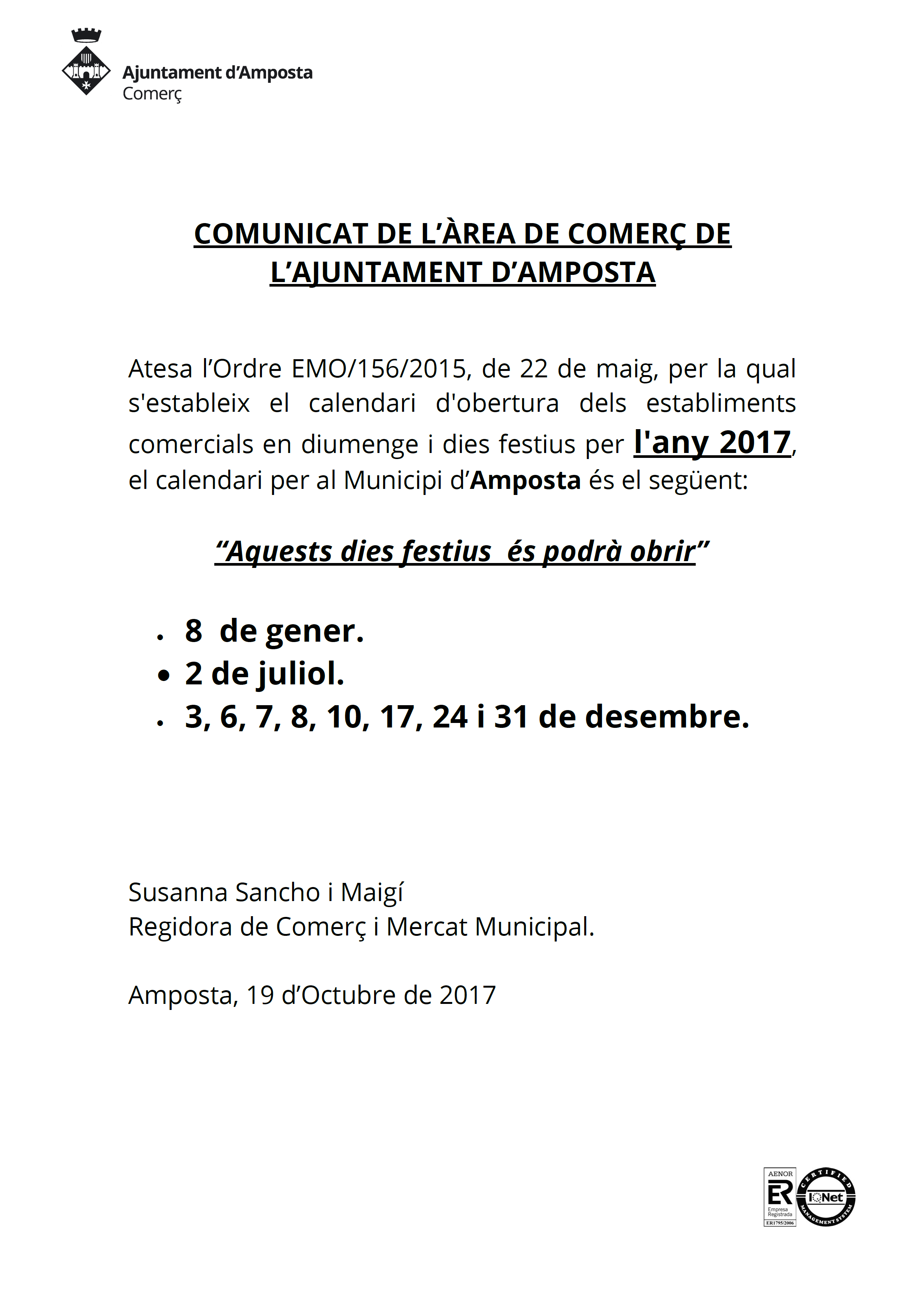 Ajuntament d´Amposta > Informació Oficial > El 22 de maig i el 7 de desembre, festes locals d’Amposta del 2017